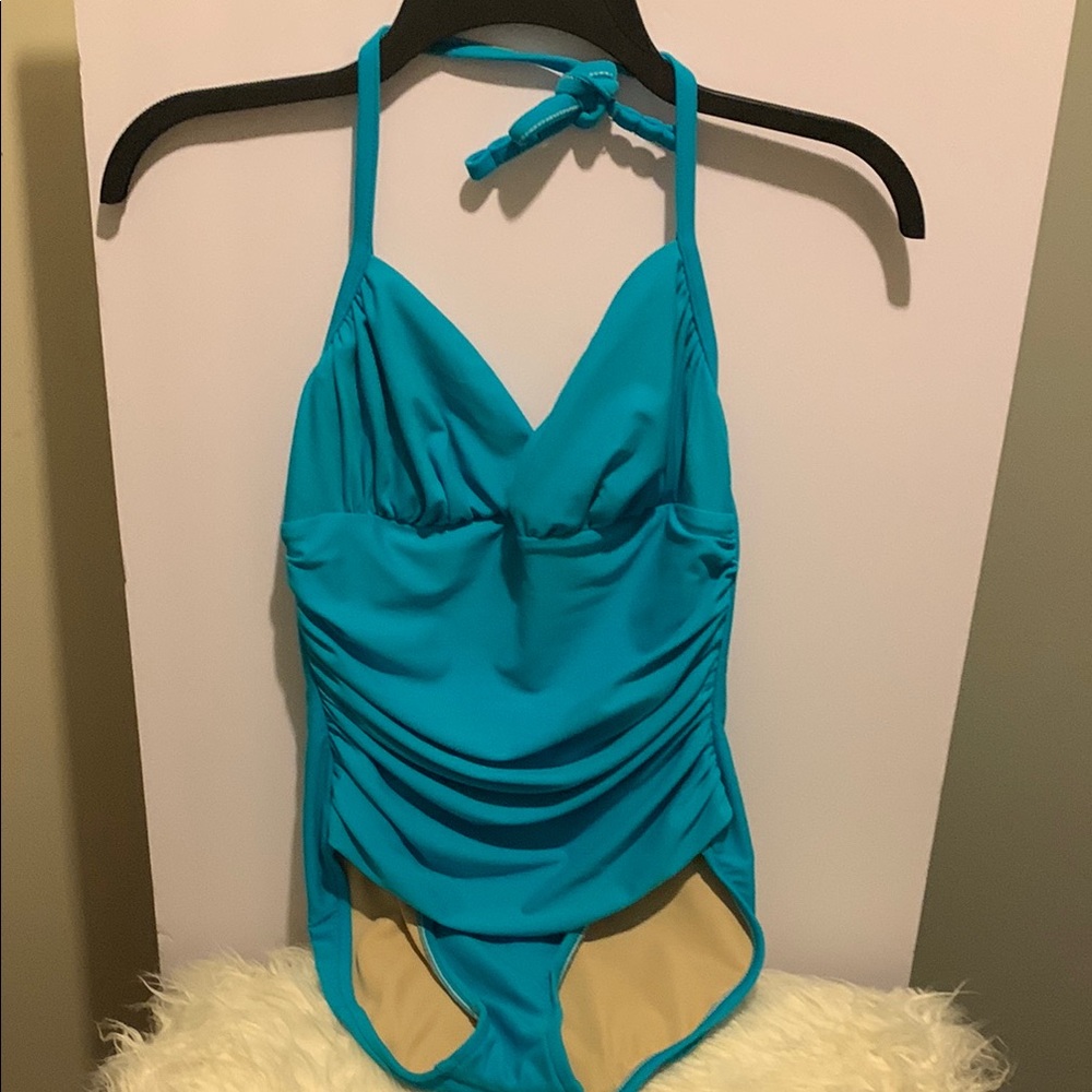Blue One Piece Swimsuit with Ruched‎ Neckline